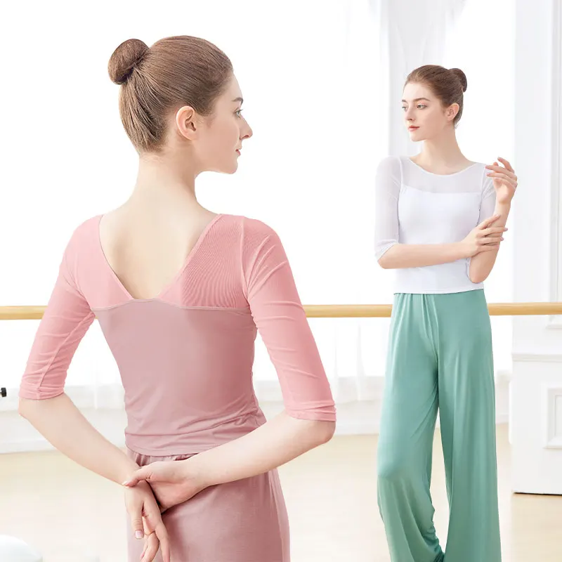 Ballet Tops Woman Dance Tops Mesh Splice Ballet Shirt Clothing Elegant Adults Yoga Ballerina Dance Costume Lady - Image 2